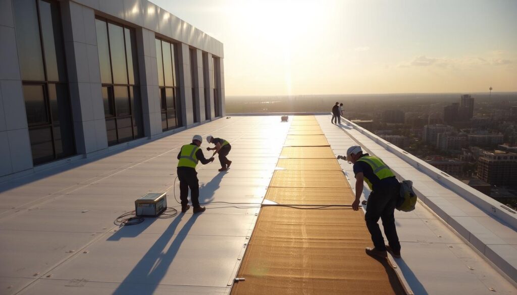 A meticulously crafted rooftop scene, showcasing the expertise of "شركة عزل اسطح بظهران الجنوب". Sunlight bathes the sleek, modern building in a warm glow, its façade punctuated by clean lines and sharp angles. In the foreground, a team of skilled technicians expertly apply a specialized waterproofing membrane, ensuring the roof's flawless protection against the elements. The middle ground features neatly organized tools and equipment, testament to the company's professionalism and attention to detail. In the distance, a picturesque cityscape unfolds, hinting at the broader context in which this roof stands as a testament to the company's excellence.