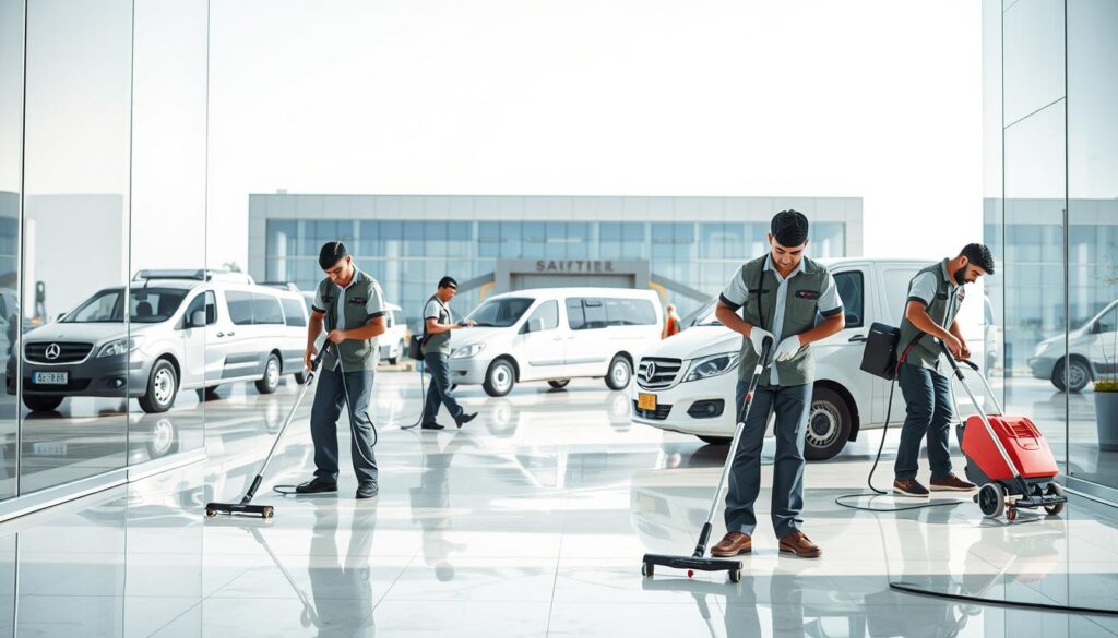 A modern and well-equipped cleaning company located in Abha, Saudi Arabia. In the foreground, showcase the company's professional cleaning staff attired in uniforms, meticulously cleaning various surfaces using state-of-the-art equipment. In the middle ground, depict the company's fleet of vehicles, signifying their efficient service delivery. In the background, include the company's office building or facility, exuding a sense of professionalism and reliability. Lighting should be bright and natural, emphasizing the cleanliness and attention to detail. The overall atmosphere should convey a sense of trust, expertise, and a commitment to providing comprehensive cleaning solutions to the residents of Abha.