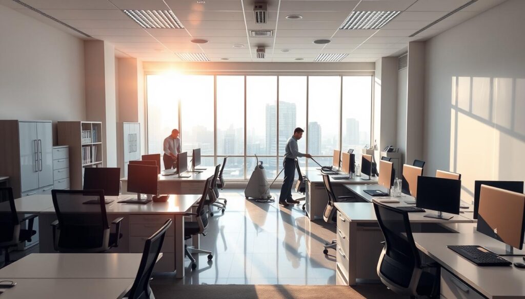A modern, bright office space with sleek desks, ergonomic chairs, and well-organized filing cabinets. Sunlight filters through large windows, casting a warm, productive glow over the room. Cleaners in uniform uniforms diligently dust, vacuum, and wipe down surfaces, ensuring a spotless, professional environment. The office's logo is subtly visible on the walls, conveying a sense of pride and attention to detail. The overall scene reflects a thriving, efficient workplace in the bustling city of Khamis Mushait.