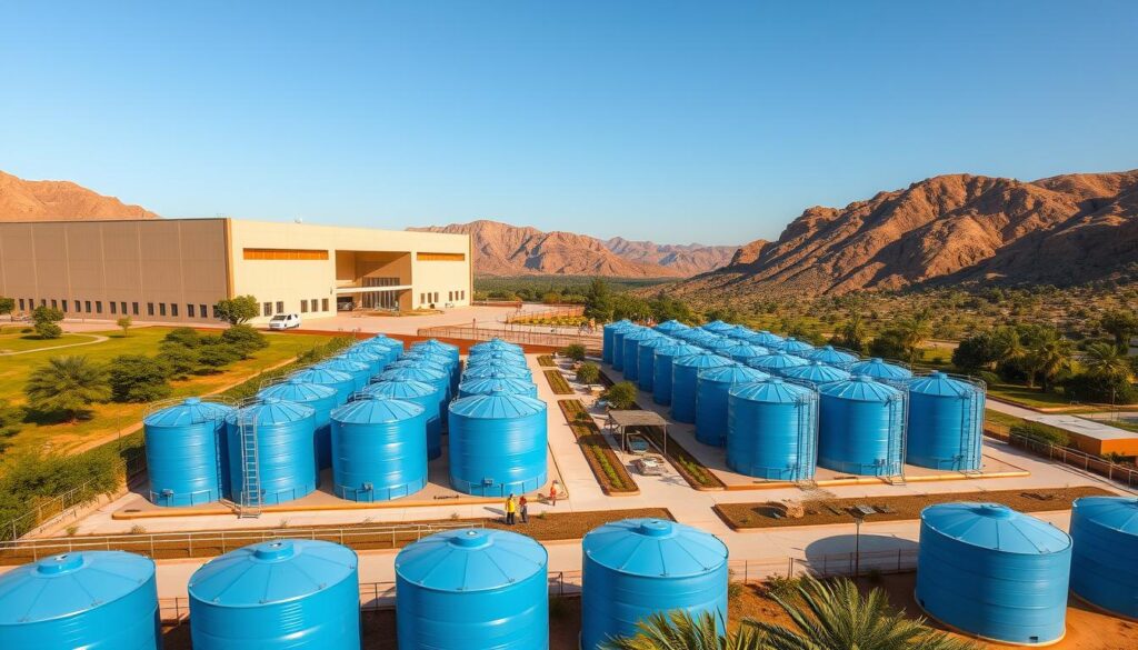 A modern industrial warehouse nestled in the lush green landscape of Wadi Ibn Hishal. The building's facade features a bold, minimalist design with clean lines and large windows, casting a warm glow onto the surrounding terrain. In the foreground, rows of blue water storage tanks stand tall, their pristine surfaces reflecting the clear sky above. A team of workers in safety gear can be seen inspecting and maintaining the tanks, ensuring the highest standards of water containment and insulation. The middle ground is dotted with well-tended gardens and shaded seating areas, creating a serene and inviting atmosphere for visitors. In the distance, the rugged, undulating hills of the wadi provide a picturesque backdrop, hinting at the natural beauty that surrounds this state-of-the-art water storage facility.