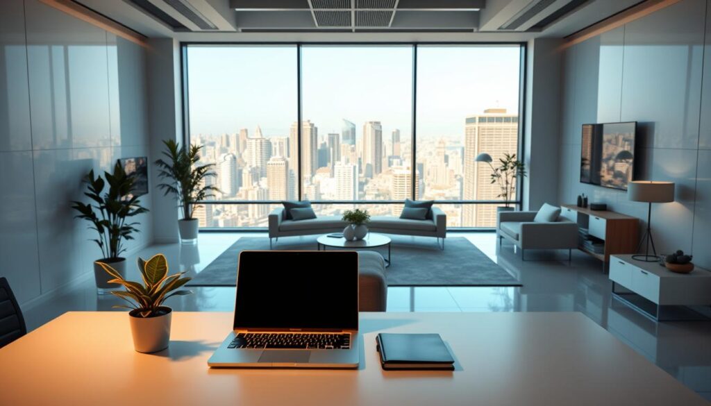 A modern, minimalist office interior with clean lines and a professional atmosphere. In the foreground, a desk with a laptop, stationery, and a potted plant, symbolizing the efficient, organized nature of the cleaning company. The middle ground features a large window overlooking a bustling cityscape, hinting at the company's urban location and reach. The background showcases sleek, minimalist furniture and decor, creating a sense of sophistication and attention to detail. The lighting is warm and natural, casting a welcoming glow throughout the space. The overall mood conveys a sense of professionalism, reliability, and attention to cleanliness - qualities that reflect the ethos of the "شركة تنظيف فى بريم السليل" cleaning services.