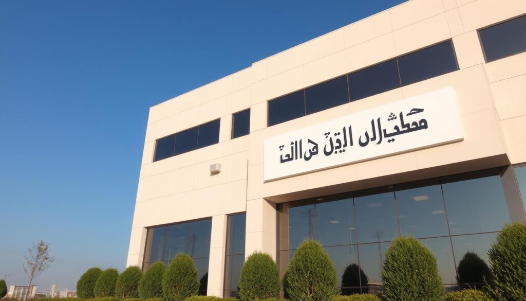 A modern office building with a sleek, minimalist facade stands prominently against a clear blue sky. The structure features large, tinted windows that reflect the surrounding cityscape. A prominent sign on the building's exterior displays the company name "شركة عزل بظهران الجنوب" in Arabic calligraphy. The entrance is flanked by neatly landscaped greenery, creating a welcoming atmosphere. The image conveys a sense of professionalism, attention to detail, and expertise in the field of insulation services.