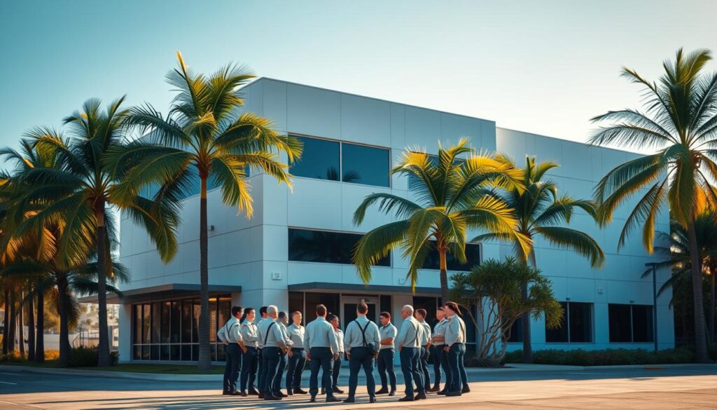 A modern, professional-looking office building with a clean, minimalist exterior design. The building is set against a backdrop of lush, green palm trees and a clear blue sky. In the foreground, a group of workers in uniform attire are gathered, engaged in a discussion or meeting. The scene conveys a sense of efficiency, expertise, and dedication to the task of termite control. Warm, directional lighting illuminates the workers and the building, creating a welcoming and authoritative atmosphere. The overall composition suggests a capable, trustworthy company providing reliable pest control services to the local community.