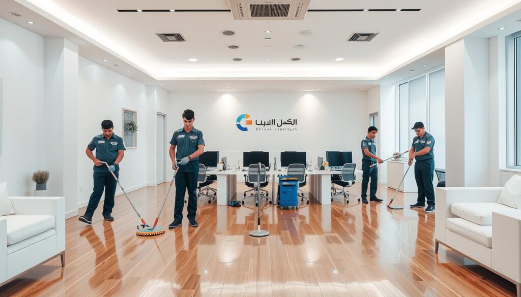 A modern, professional office cleaning company in Khamis Mushait, Saudi Arabia. A large, well-lit room with clean, minimalist decor. Gleaming hardwood floors, spotless white walls, and sleek, contemporary furniture. In the foreground, a team of cleaners in uniform attire, utilizing advanced cleaning equipment and supplies. The middle ground features neatly organized workstations, with computers and office equipment meticulously wiped down. The background showcases the company's branding, with a prominent logo and signage. Soft, diffused lighting illuminates the space, creating a sense of efficiency and attention to detail. The overall atmosphere conveys professionalism, cleanliness, and a commitment to modern, effective office cleaning practices.