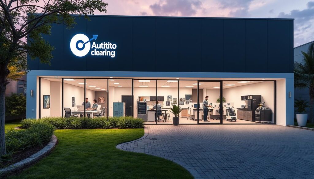 A modern, well-equipped cleaning company building located in the heart of Ahad Rifaie. The exterior features a sleek, minimalist design with large windows and a prominent company logo. The grounds are meticulously maintained, with lush greenery and a neatly paved driveway. Inside, the workspace is bright and airy, with state-of-the-art cleaning equipment and a team of skilled professionals ready to provide top-notch service. The overall atmosphere conveys a sense of professionalism, efficiency, and a commitment to customer satisfaction.