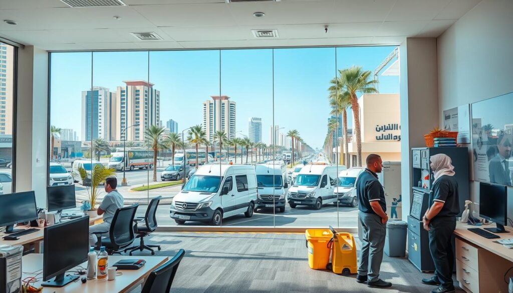 A modern, well-equipped cleaning company in the city of Bisheh, Saudi Arabia. The interior shows a spacious, bright, and organized office space with desks, computers, and professional cleaning supplies. In the foreground, company employees in uniform are conversing and collaborating. The middle ground features a fleet of well-maintained cleaning vehicles outside the office. The background showcases the bustling streets of Bisheh, with tall buildings, palm trees, and a clear blue sky. The overall atmosphere conveys a sense of efficiency, professionalism, and community engagement in the cleaning services provided by this reputable company.