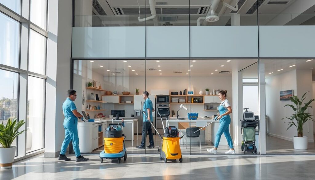 A modern, well-equipped cleaning company's headquarters in the heart of Balsamor, with professional cleaners hard at work. The building's exterior is sleek and minimalist, with large windows allowing natural light to flood the interior. Inside, the workspace is organized and efficient, with state-of-the-art cleaning equipment and supplies. The cleaners, wearing pristine uniforms, move with purpose, demonstrating their expertise and attention to detail. The overall atmosphere conveys a sense of professionalism, reliability, and a commitment to providing exceptional cleaning services to the community of Balsamor.
