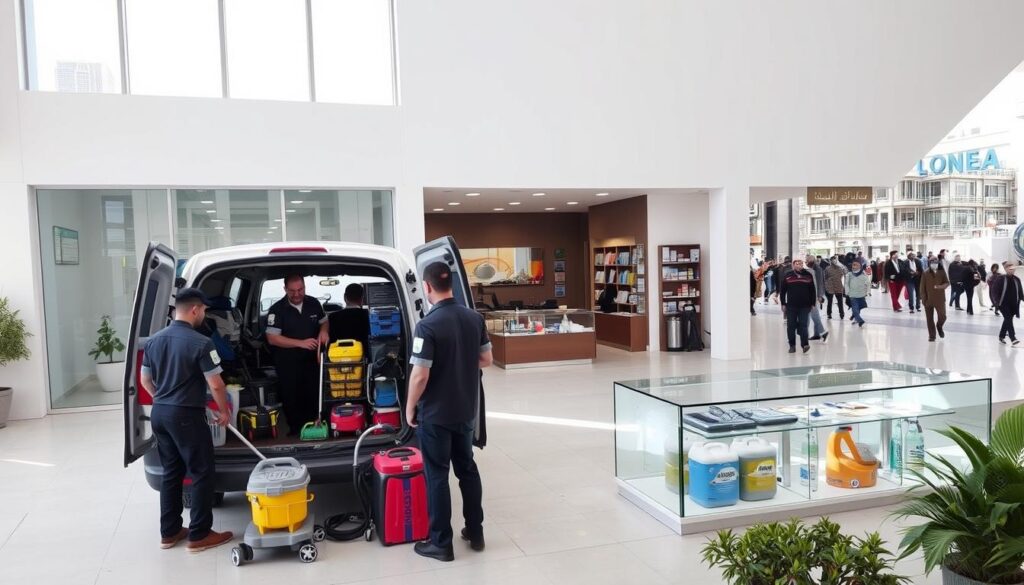 A modern, well-equipped cleaning company's office in the town of Abha Rafidah. The building has a clean, minimalist facade with large windows letting in ample natural light. In the foreground, a team of professional cleaners in uniform are loading their van with state-of-the-art cleaning equipment and supplies. The middle ground shows a spotless showroom with displays of various cleaning products and services. In the background, the bustling streets of the town are visible, with people going about their daily lives. The overall scene conveys a sense of efficiency, cleanliness, and reliable service that the cleaning company provides to the local community.