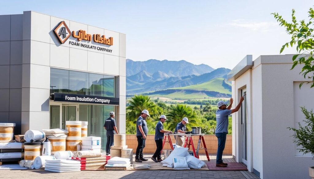A modern, well-equipped foam insulation company in Wadi Ibn Hishal, featuring a team of skilled technicians. The exterior showcases the company's logo and branding, with a sleek and professional appearance. The foreground displays various foam insulation products and materials, demonstrating the range of services offered. The middle ground depicts technicians meticulously applying the foam to a building's exterior, highlighting the attention to detail and craftsmanship. The background features the scenic landscape of Wadi Ibn Hishal, with lush greenery and a picturesque mountain range, creating a serene and natural setting. The overall mood is one of competence, reliability, and environmental harmony.