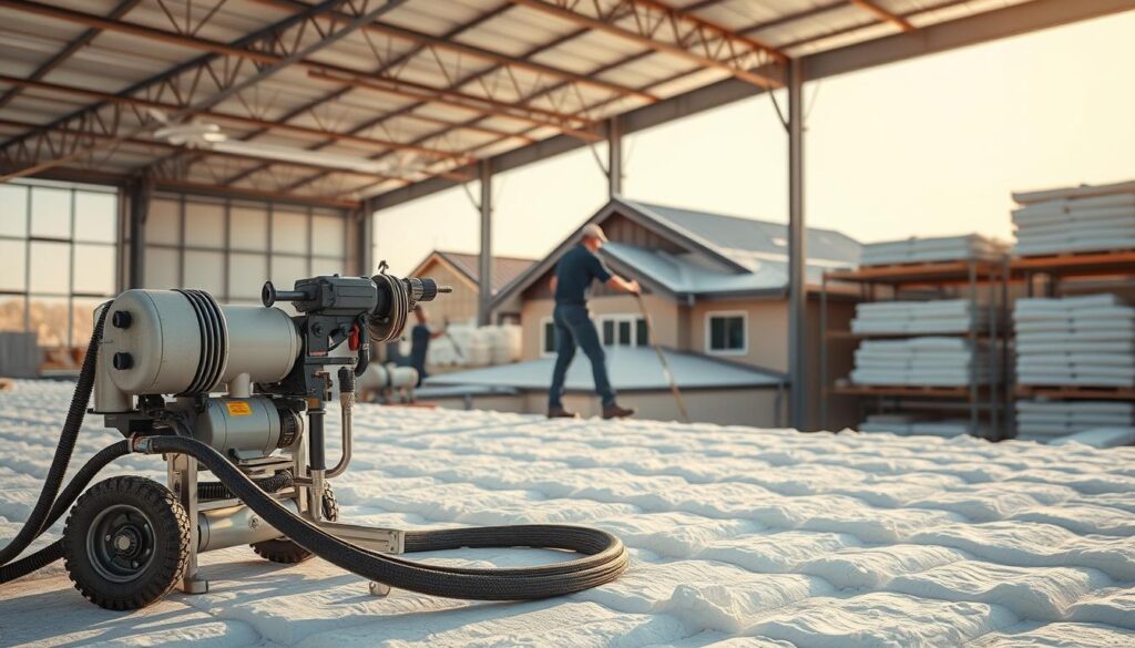 A modern, well-equipped foam insulation company situated in Ahad Rifaidah, showcasing their expertise in roof insulation. The foreground features their state-of-the-art foam spraying equipment, neatly arranged and ready for use. In the middle ground, skilled technicians are demonstrated applying the foam insulation to a residential rooftop, ensuring a seamless and efficient installation process. The background depicts the company's warehouse, housing an ample supply of high-quality foam materials, ready to meet the insulation needs of the local community. The scene is bathed in warm, natural lighting, conveying a sense of professionalism and reliability. The overall composition highlights the company's commitment to providing top-notch insulation services that enhance energy efficiency and comfort for their clients.