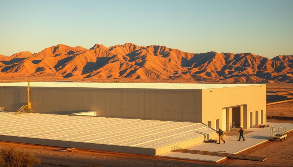 A modern, well-equipped industrial warehouse surrounded by a serene desert landscape. In the foreground, a team of skilled workers applying a thick layer of high-quality foam insulation to the roof of the building, ensuring optimal thermal and acoustic performance. The workers wear protective gear and use specialized equipment, conveying a sense of professionalism and attention to detail. In the middle ground, the warehouse's sleek, minimalist architecture stands out, with clean lines and a neutral color palette that blends seamlessly with the natural surroundings. In the background, the rugged mountains of Mohayel Aseer region rise majestically, bathed in warm, golden sunlight that casts long shadows across the scene. The overall mood is one of precision, efficiency, and harmony between the built and natural environments.