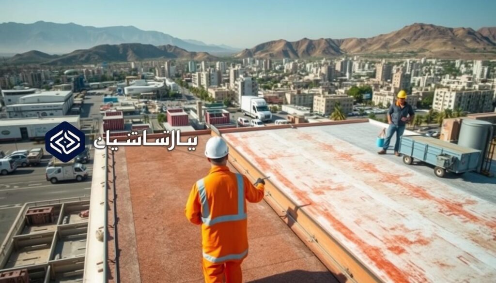 A modern, well-equipped insulation company in Abha, Saudi Arabia. The foreground features the company's sleek logo and brand elements, with workers in safety gear applying high-quality insulation materials to a rooftop. The middle ground showcases the company's state-of-the-art equipment and vehicles, while the background depicts the bustling city of Abha, with its distinctive architecture and lush, mountainous landscape. The scene conveys a sense of professionalism, efficiency, and environmental awareness, highlighting the company's commitment to providing top-notch insulation services to the local community.