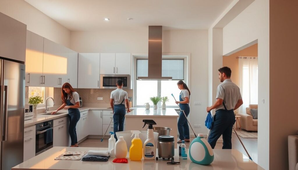 A modern, well-equipped kitchen in a residential home in Bishah, Saudi Arabia. The kitchen has a sleek, minimalist design with white cabinets, stainless steel appliances, and a spacious countertop. Warm, natural lighting from large windows illuminates the space, creating a bright and airy atmosphere. In the foreground, a team of professional cleaners in uniform are diligently cleaning and organizing the kitchen, ensuring it is spotless and hygienic. The middle ground features various cleaning supplies and equipment neatly arranged, reflecting the attention to detail and expertise of the cleaning service. The background showcases the cozy, comfortable residential setting, with hints of the living room or dining area visible through the open layout.