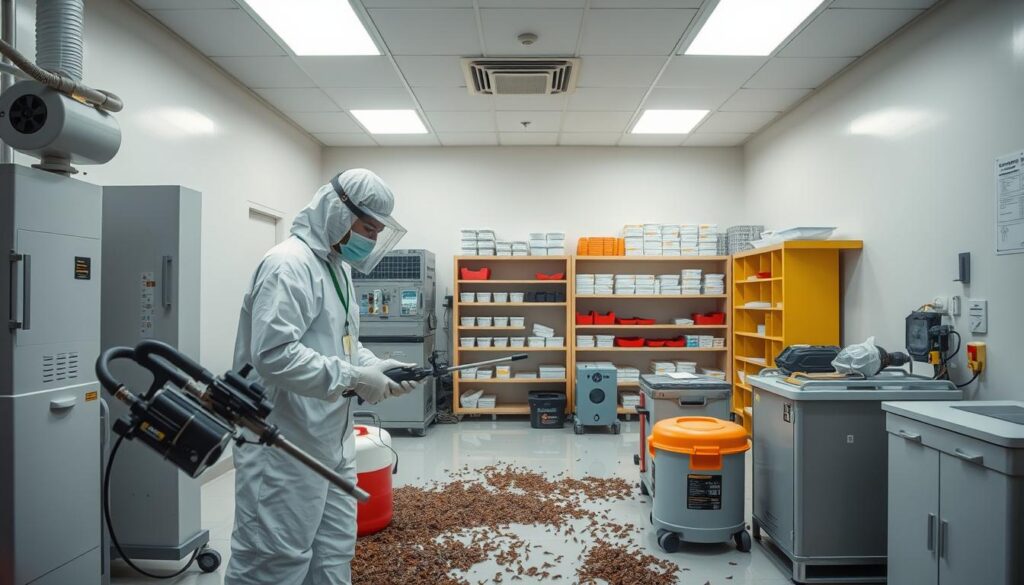 A modern, well-equipped pest control facility in Abha, Saudi Arabia. In the foreground, technicians in protective gear carefully apply the latest insecticides to eradicate a stubborn cockroach infestation. The middle ground shows advanced equipment and tools, including thermal fogging machines and bait stations. In the background, a clean, organized workspace with storage for a variety of treatment solutions. Bright, even lighting illuminates the scene, conveying a sense of professionalism and attention to detail. The overall atmosphere exudes efficiency, safety, and a commitment to the effective elimination of cockroaches using cutting-edge techniques.