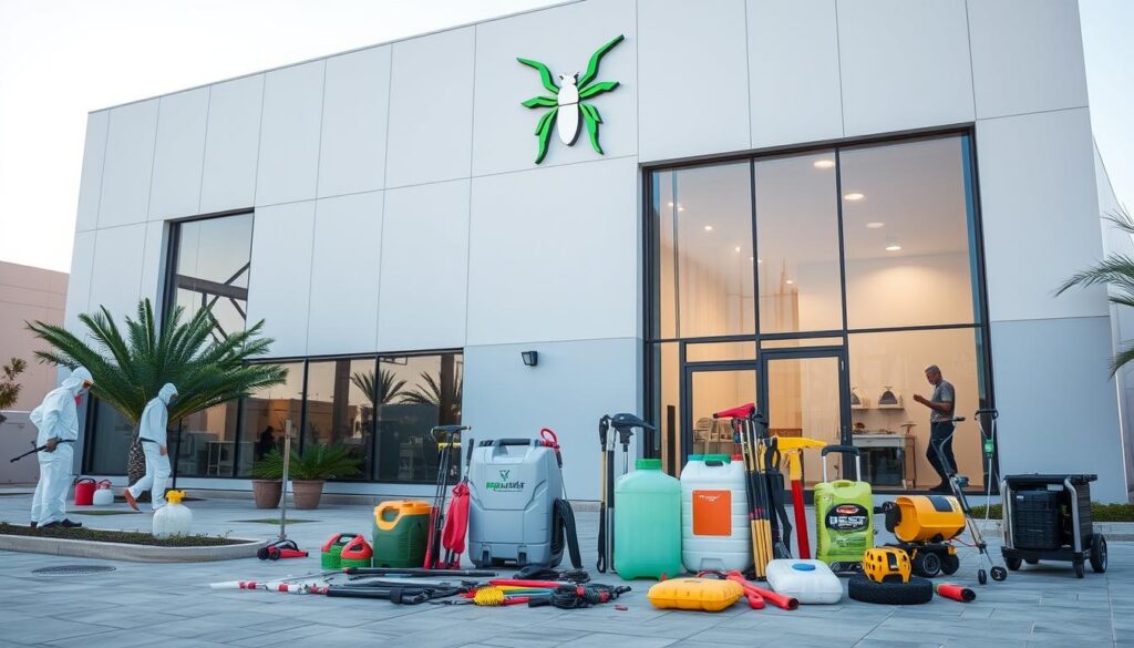 A modern, well-equipped pest control facility located in Khamis Mushait, Saudi Arabia. The building features a sleek, minimalist design with large windows allowing natural light to flood the interior. Outside, a team of professionals in protective gear carefully inspects the perimeter, ensuring a comprehensive approach to pest management. The facility's logo, a stylized insect silhouette, is prominently displayed on the façade. In the foreground, various environmentally-friendly pest control tools and equipment are neatly arranged, conveying the company's commitment to safe and effective solutions. The overall atmosphere exudes professionalism, attention to detail, and a dedication to providing integrated pest control services to the local community.