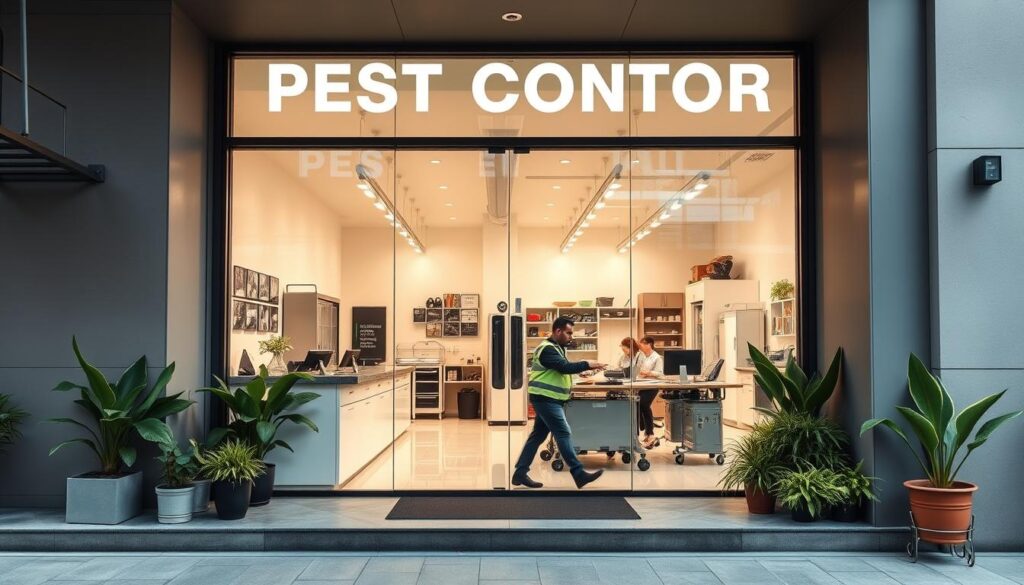 A modern, well-equipped pest control facility located in the heart of Ballasmer. The exterior features a sleek, minimalist design with clean lines and a neutral color palette. The entryway is adorned with potted plants, creating a welcoming atmosphere. Inside, the reception area is bright and airy, with large windows that let in natural light. The workspace is meticulously organized, with state-of-the-art equipment and tools neatly arranged. Technicians in uniform move efficiently, showcasing their expertise in tackling a variety of pests. The overall impression is one of professionalism, attention to detail, and a commitment to providing top-notch pest management services to the local community.