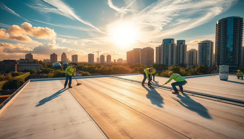 A modern, well-equipped roofing company in the bustling town of Belbesser, specializing in comprehensive roof insulation and waterproofing services. The image depicts the company's state-of-the-art facility, showcasing a team of skilled technicians rigorously inspecting and applying cutting-edge materials to a large, flat residential roof. Warm, golden sunlight filters through wispy clouds, casting soft shadows across the scene. In the background, the vibrant cityscape of Belbesser provides a dynamic backdrop, with tall, contemporary buildings and lush greenery. The overall atmosphere conveys a sense of professionalism, efficiency, and a dedication to delivering high-quality roofing solutions to the local community.