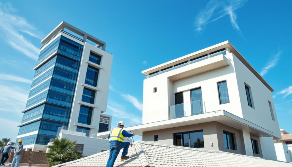 A modern, well-equipped roofing services company in Bisha, Saudi Arabia. The image depicts the company's headquarters, a sleek, multi-story building with a clean, minimalist design. The exterior features a mix of glass, steel, and concrete, creating a professional and authoritative look. In the foreground, a team of workers in safety gear are shown inspecting and repairing the roof of a nearby residential building, showcasing the company's expertise in roof insulation and waterproofing. The background features a clear blue sky with a few wispy clouds, conveying a sense of reliability and trustworthiness. The overall tone is one of modern efficiency, technical proficiency, and a commitment to protecting and enhancing the homes of Bisha's residents.