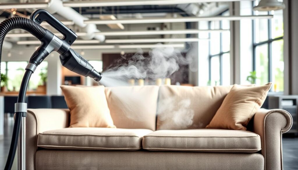 A modern, well-lit commercial interior with a large, plush sofa in the center. A professional steam cleaning machine is in the foreground, its hose and nozzle carefully positioned over the sofa. Wispy steam clouds rise from the fabric, indicating a thorough deep cleaning process. The background is blurred, but suggests a spacious room with windows letting in natural light. The mood is one of efficiency and care, with the focus on the steam cleaning action taking place. The overall scene conveys a sense of a high-quality, specialized cleaning service for upholstered furniture.