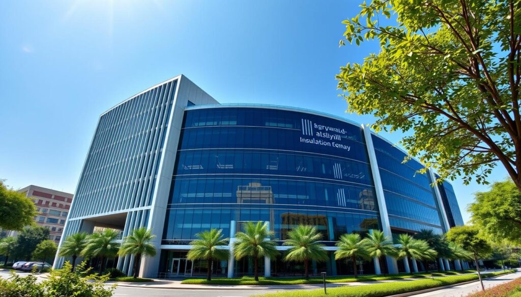 A panoramic view of a modern commercial building, its facade adorned with clean lines and a sleek, minimalist design. The structure stands tall, commanding attention with its impressive size and striking architectural elements. The building is situated in a bustling urban landscape, surrounded by lush greenery and a clear blue sky. Sunlight filters through the building's large windows, casting a warm, inviting glow across the scene. The overall atmosphere conveys a sense of professionalism, efficiency, and attention to detail - reflecting the high-quality services and expertise offered by "Buraym Al-Siliyl Insulation Company".