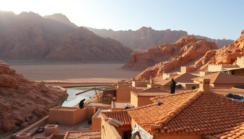 A picturesque desert landscape in Wadi Ibn Hisham, with rugged mountains and a serene wadi in the foreground. The sun casts a warm, golden glow, illuminating the textured rooftops of traditional buildings nestled among the rocky terrain. In the middle ground, skilled workers meticulously apply a protective coating to the roofs, ensuring the buildings are safeguarded from the harsh desert elements. The scene exudes a sense of tranquility and the care taken in preserving the local architectural heritage. A wide-angle lens captures the expansive vista, showcasing the harmony between human endeavor and the natural beauty of the region.