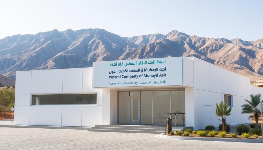 A pristine office building with a modern, minimalist design, set against the backdrop of a picturesque mountainous landscape in Muhayil Asir. The building's exterior features clean lines, large windows, and a sleek, neutral color palette. The entrance is marked by a prominent sign that reads "Pest Control Company of Muhayil Asir" in both Arabic and English. The scene conveys a sense of professionalism, efficiency, and environmental harmony, reflecting the high-quality services offered by this specialized pest management firm.