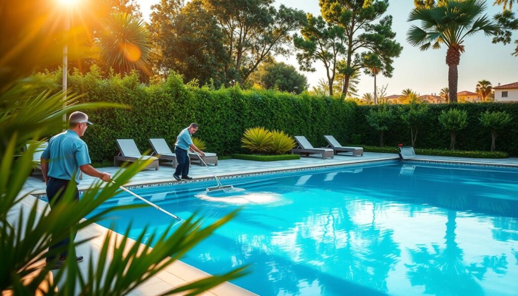 A pristine pool surrounded by lush greenery, meticulously maintained by a professional pool cleaning company in Tanumah. In the foreground, a team of skilled technicians in uniform clean the pool's surface, ensuring crystal-clear water. The middle ground showcases the pool's sleek, modern design, with stylish paving stones and well-manicured shrubbery. In the background, the tranquil setting is enhanced by the warm, golden hues of the afternoon sun, casting a peaceful ambiance over the entire scene. The image conveys the attention to detail and commitment to excellence that the pool cleaning company in Tanumah brings to its clients, making their pool area a true oasis of relaxation.