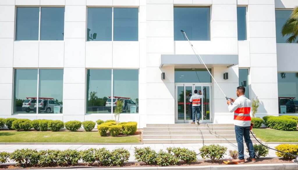 A professional commercial cleaning company operating in Barq, Saudi Arabia. The image depicts the exterior of a modern, well-maintained commercial building with a pristine facade and neatly landscaped grounds. In the foreground, a team of uniformed cleaning professionals is visible, using specialized equipment to meticulously clean the building's windows and entrances. The lighting is bright and natural, highlighting the attention to detail and high standards of the cleaning service. The overall atmosphere conveys a sense of professionalism, efficiency, and a commitment to providing a thorough, reliable cleaning experience for the building's occupants and visitors.