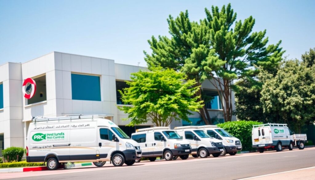 A professional extermination company based in Ahad Rufaidah, showcasing its expertise in comprehensive pest control solutions. The image depicts the company's headquarters, a modern, well-maintained building with clean lines and a welcoming facade. The foreground features the company's logo and branding, prominently displayed on the building's entrance. The middle ground showcases the company's fleet of specialized vehicles, ready to dispatch to customer locations. The background includes lush greenery and a clear blue sky, conveying a sense of a well-maintained, environmentally-friendly business. The lighting is soft and natural, highlighting the professionalism and attention to detail that the company embodies.