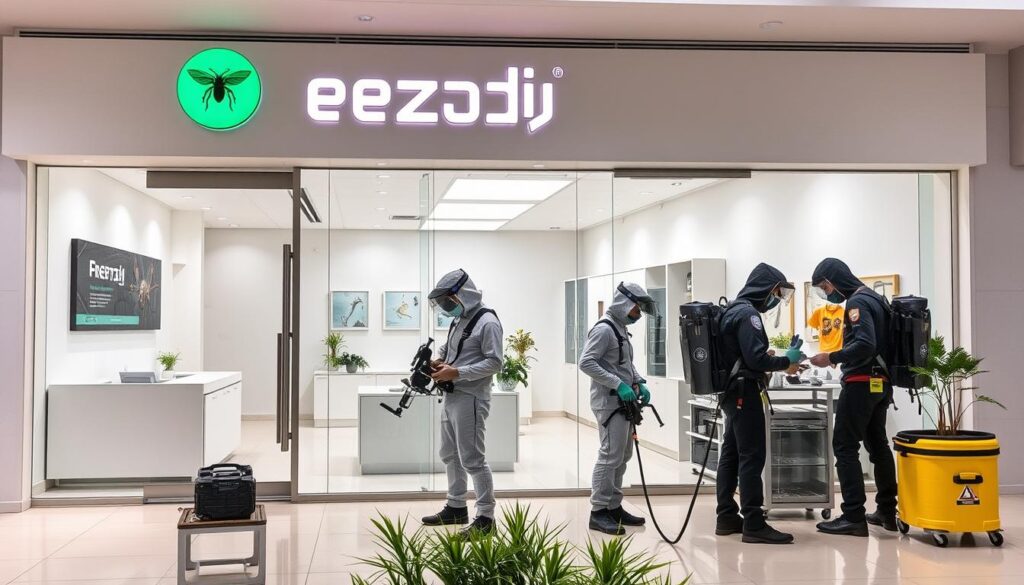 A professional extermination company in Batnomah, operating with state-of-the-art equipment and expertise. A modern, well-equipped office with a team of skilled technicians, using cutting-edge methods to eradicate a variety of pests. The exterior features a sleek, minimalist facade with the company's branding prominently displayed. The interior is bright and clean, with a reception area and consultation rooms. Technicians are shown preparing their gear and discussing strategies, conveying a sense of professionalism and efficiency. The overall mood is one of reliability, competence and environmental responsibility.
