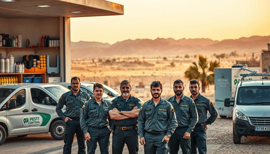 A professional extermination company in the town of Al-Namas, with a fleet of modern pest control vehicles parked outside a well-maintained office building. The interior is filled with shelves of specialized equipment and products, conveying a sense of expertise and efficiency. In the foreground, a team of uniformed technicians is preparing to embark on a residential pest control mission, their expressions serious yet reassuring. The background showcases the picturesque desert landscape surrounding the town, with distant mountains adding to the tranquil atmosphere. Warm, golden lighting illuminates the scene, creating a professional and trustworthy impression.
