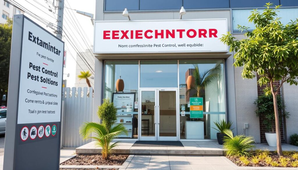 A professional extermination service operating in the city of Ballsimar, offering comprehensive pest control solutions. The image depicts the exterior of their modern, well-equipped facility, showcasing the company's expertise and commitment to delivering effective and environmentally-friendly treatments. The foreground features signage and branding elements, while the middle ground displays the entrance and entrance area. The background depicts the surrounding urban landscape, hinting at the company's local presence and accessibility. The lighting is soft and natural, creating a welcoming atmosphere. The composition is balanced and visually appealing, inviting the viewer to learn more about the company's services.