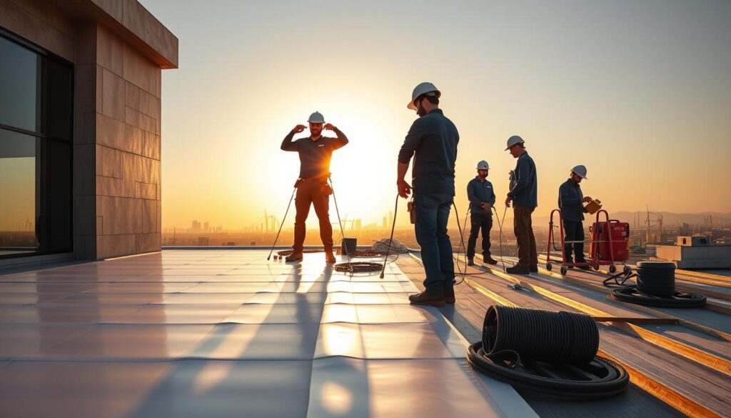 A professional team of skilled workers in the foreground, expertly applying a waterproof membrane to the rooftop of a modern building. In the middle ground, their specialized equipment and tools neatly organized, reflecting the efficiency of their operation. The background showcases the pristine skyline of Buraimi, Oman, bathed in warm, golden sunlight that casts soft shadows, emphasizing the precision and care taken in their work. The overall scene conveys a sense of professionalism, attention to detail, and a commitment to delivering high-quality roofing insulation services to the local community.