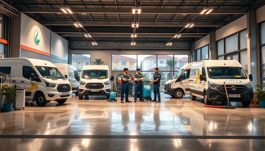 A professional, well-equipped cleaning company located in the town of An-Numais, offering a comprehensive range of high-quality services. The image depicts the company's modern, state-of-the-art facilities, with a focus on their fleet of specialized cleaning vehicles and equipment. The foreground showcases the company's logo and branding, while the middle ground features the company's team of skilled and uniformed professionals, confidently carrying out their duties. The background provides a glimpse of the pristine, well-maintained neighborhoods the company serves, conveying a sense of trust, reliability, and attention to detail. The lighting is warm and inviting, creating a welcoming atmosphere that reflects the company's commitment to customer satisfaction.