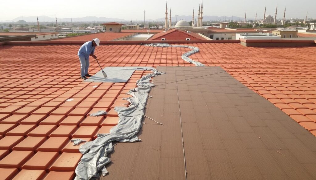 A rooftop landscape in Khamis Mushait, Saudi Arabia, bathed in warm sunlight. The surface is covered in square terracotta tiles, their hues ranging from rich ochre to dusty crimson. In the foreground, workers are expertly applying a thick, viscous coating to the tiles, meticulously covering every inch to create a seamless, waterproof barrier. The middle ground reveals the intricate patterns of the tiled roof, while the background showcases the city skyline, punctuated by the minarets of nearby mosques. The scene conveys a sense of diligence, craftsmanship, and the practical necessity of roof insulation in the region's arid climate.