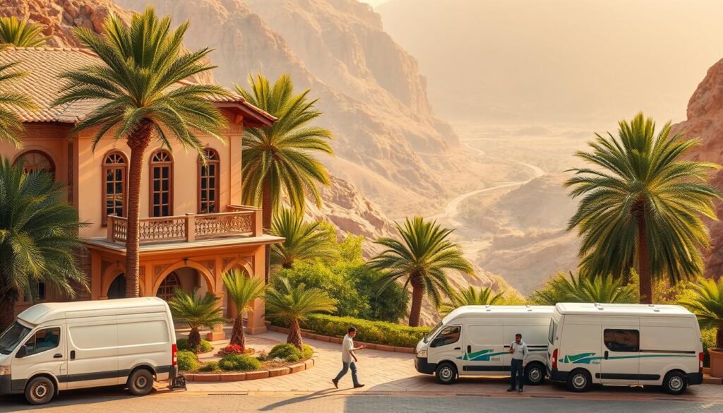 A serene and picturesque scene of a traditional Arabic cleaning company nestled in the lush greenery of Wadi Ibn Hisham. The building features a warm, earthy color palette with intricate architectural details, surrounded by vibrant palm trees and verdant foliage. The foreground showcases the company's fleet of pristine cleaning vehicles, while the middle ground depicts workers in crisp uniforms diligently going about their tasks. The background reveals a breathtaking vista of the winding valley, bathed in soft, golden sunlight that casts a tranquil ambiance over the entire setting. The overall composition conveys a sense of harmony, professionalism, and the company's deep connection to the local community.