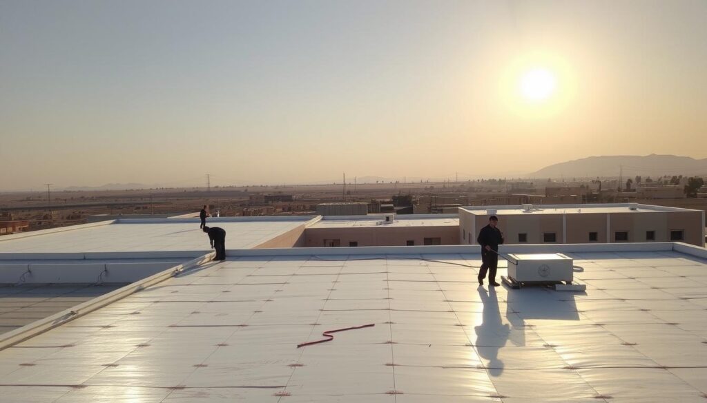A serene rooftop in the city of Sarat Abidah, the sun's warm rays casting a soft glow across the expertly installed roof insulation system. The meticulously applied layers of waterproof membranes and reflective coatings create a visually appealing and highly functional surface, effectively mitigating heat transfer and protecting the building from the harsh desert climate. In the foreground, workers carefully inspect the roofing, ensuring every detail meets the highest standards of quality and efficiency. The middle ground showcases the comprehensive scope of the project, with multiple buildings receiving the same diligent attention. In the distance, the picturesque landscape of Sarat Abidah's surroundings provides a serene backdrop, emphasizing the importance of effective roof insulation in this region.