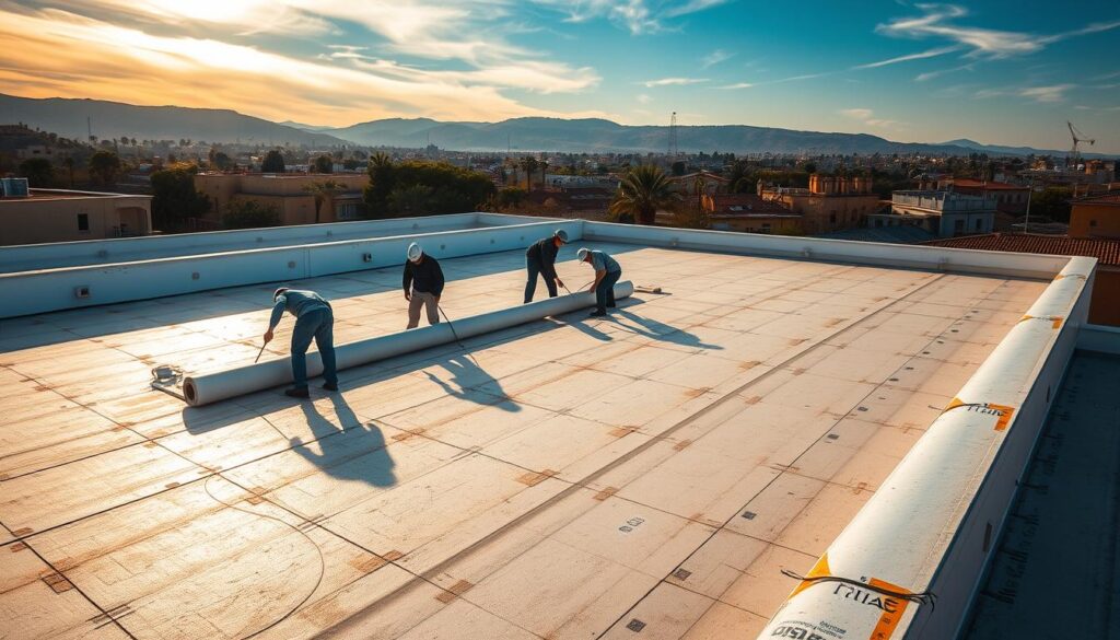 A serene rooftop scene in Batnuma, with a skilled team of technicians professionally applying a high-quality waterproofing membrane across the expanse of a flat building surface. Warm sunlight filters through wispy clouds, casting soft shadows and highlighting the intricate textures of the materials. In the foreground, workers meticulously roll out the protective layer, ensuring a seamless and durable finish. The middle ground showcases the company's specialized equipment and tools, while the background reveals the picturesque surroundings of the town, with its charming architecture and lush vegetation. An atmosphere of expertise, attention to detail, and pride in craftsmanship permeates the scene, conveying the excellence of "شركة عزل اسطح بتنومه" and their commitment to delivering exceptional roofing solutions.