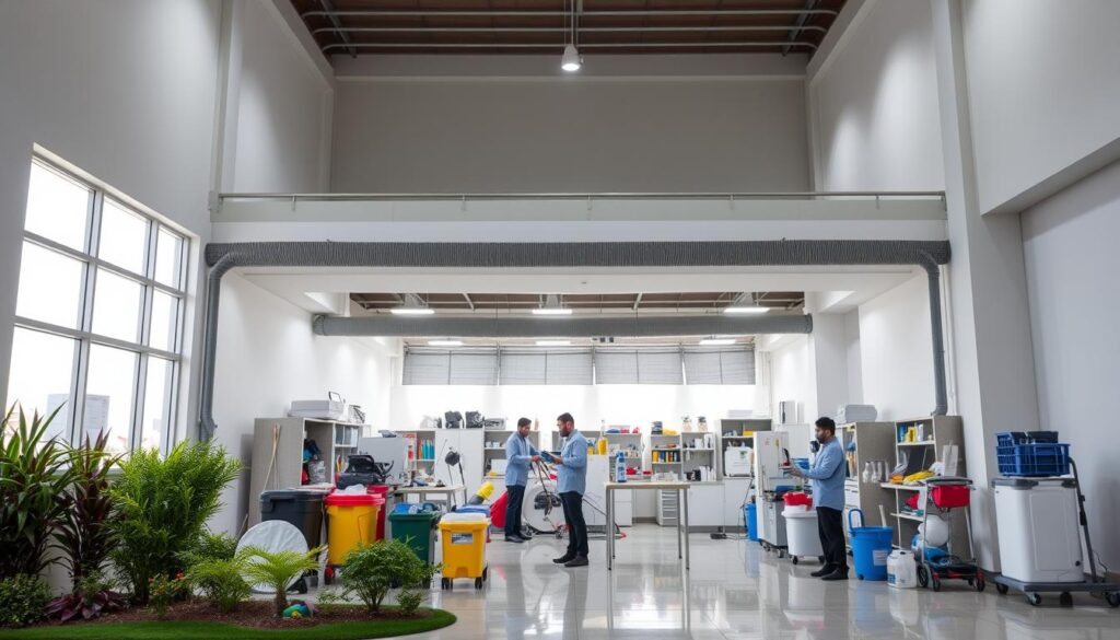 A spacious and well-equipped cleaning company facility in Bariq, featuring modern equipment and a team of professional cleaners. The building has a clean, minimalist exterior with large windows and a well-maintained landscape. Inside, the workspace is brightly lit, organized, and filled with various cleaning supplies and tools. The employees, dressed in uniform, are diligently carrying out their tasks, demonstrating the company's commitment to providing high-quality cleaning services. The overall atmosphere conveys a sense of efficiency, cleanliness, and attention to detail that reflects the company's expertise in the field.
