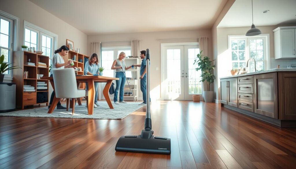 A spacious and well-lit living room, with sunlight filtering through large windows, illuminating a spotlessly clean and organized space. In the foreground, a family gathers around a wooden table, working together to tidy up, dusting shelves and wiping down surfaces. The middle ground features a sleek, modern vacuum cleaner gliding effortlessly across the gleaming hardwood floors. In the background, glimpses of a well-maintained kitchen can be seen, its countertops shining with a fresh, polished sheen. The overall atmosphere is one of calm, efficiency, and a sense of pride in a job well done, reflecting the care and attention to detail that goes into maintaining a beautiful and inviting home.