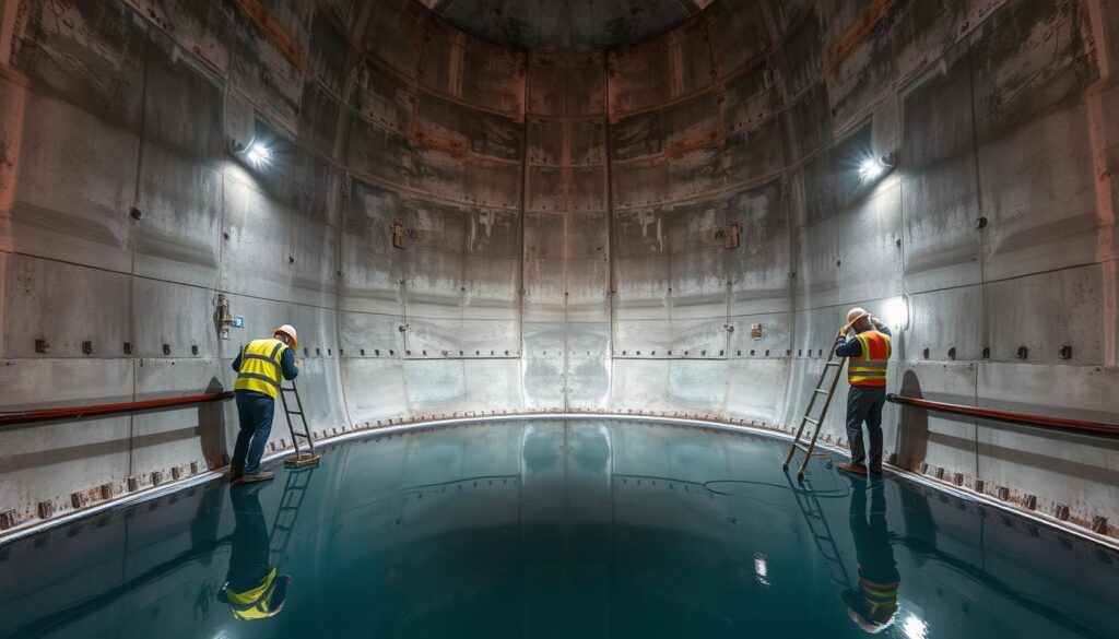 A spacious interior of a large water storage tank in Bishah, Saudi Arabia. The tank's concrete walls are being meticulously treated with a specialized waterproofing membrane, ensuring optimal protection against leaks and deterioration. Experienced workers, clad in safety gear, carefully apply the sealant, paying close attention to corners and hard-to-reach areas. Bright LED lamps illuminate the space, casting a warm glow and allowing for precise application. The reflective surface of the water inside the tank adds a serene, almost mirror-like quality to the scene. The overall atmosphere conveys professionalism, attention to detail, and a commitment to providing reliable water storage solutions for the local community.