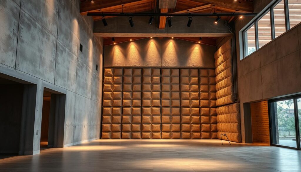 A spacious interior with a contemporary industrial aesthetic, showcasing the intricate sound insulation system in Bishah. Prominent are the sleek concrete walls, strategically placed sound-absorbing panels, and recessed lighting creating a warm, inviting atmosphere. The midground features expertly installed insulation materials, highlighting the technical precision of the acoustic treatment. In the background, natural elements like wooden beams and glimpses of the outdoor landscape create a harmonious balance. The lighting is a perfect blend of directional spotlights and soft, diffused illumination, emphasizing the textural details. An overall sense of quality craftsmanship and attention to acoustic performance pervades the scene.