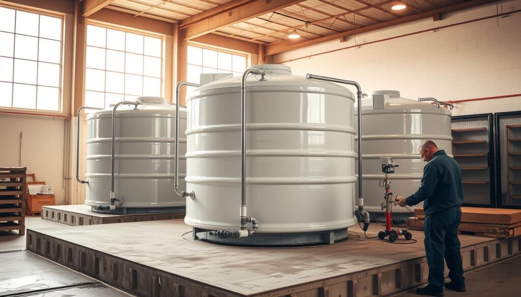 A spacious interior with water storage tanks prominently displayed. The tanks are situated on a sturdy concrete platform, surrounded by a tidy, well-organized workspace. Warm, diffuse lighting filters in through large windows, casting a soft glow over the scene. The tanks themselves are meticulously maintained, their surfaces gleaming with a fresh coat of protective sealant. In the foreground, a technician is carefully inspecting the connections, ensuring the integrity of the plumbing system. The overall atmosphere conveys a sense of professionalism and attention to detail, befitting the specialized nature of water tank insulation and maintenance.