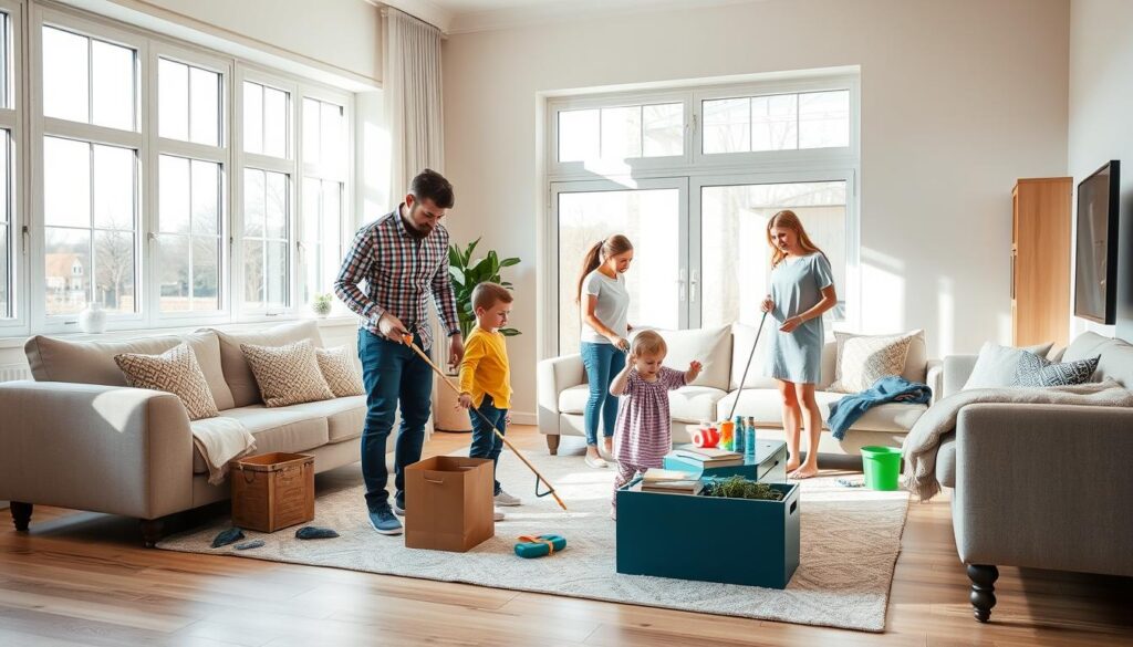 A spacious, well-lit living room in a modern, middle-class home in Ballasmer. The room is filled with natural light streaming through large windows, illuminating the clean, minimalist furniture and decor. A family of four - two adults and two children - is shown diligently cleaning and tidying the space, using various cleaning tools and products. The parents are wiping down surfaces, while the children are organizing toys and books. The atmosphere is one of domestic tranquility and industriousness, with a sense of care and attention to detail. The lighting is warm and inviting, creating a cozy, homely ambiance. The overall scene conveys the efficiency and thoroughness of a professional house cleaning service in Ballasmer.