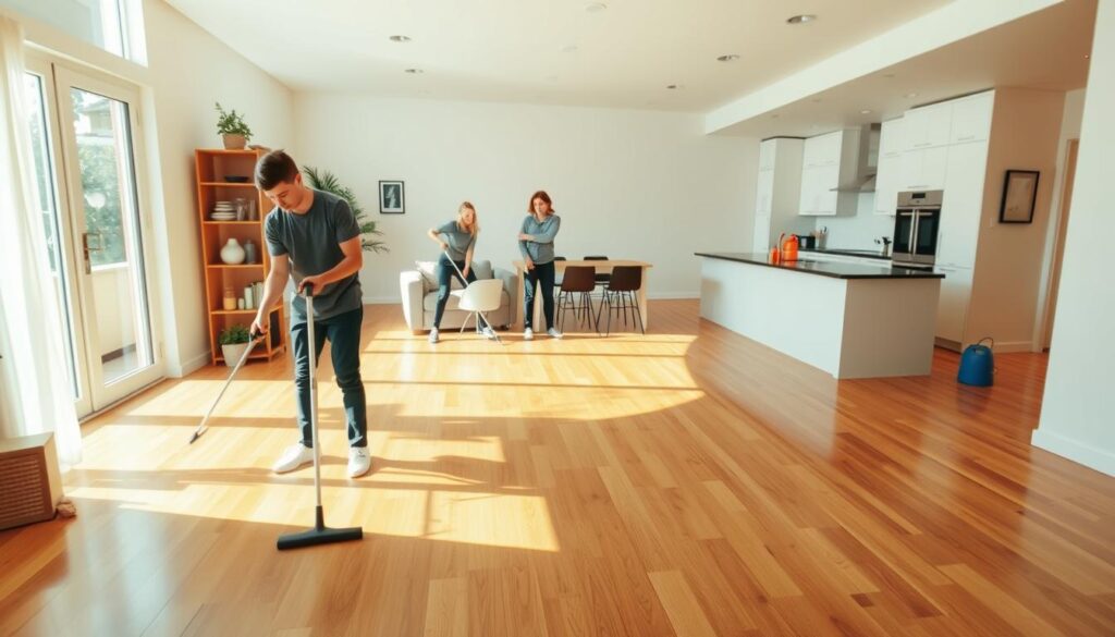 A spacious, well-lit living room with a cozy, inviting atmosphere. In the foreground, a team of professional cleaners diligently scrubbing and polishing the hardwood floors, using high-quality cleaning products. In the middle ground, one cleaner meticulously dusting the shelves and ornaments, while another efficiently wipes down the large windows, letting the natural light stream in. In the background, a modern, minimalist kitchen shines with pristine cleanliness, its countertops and appliances gleaming. The overall scene conveys a sense of order, attention to detail, and a commitment to providing comprehensive, top-quality home cleaning services.