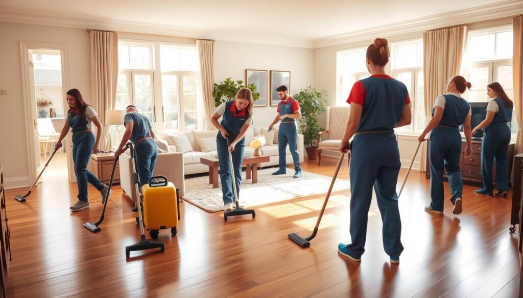 A spacious, well-lit living room with a polished hardwood floor and tasteful decor. A team of cleaners, dressed in professional uniforms, move efficiently around the room, dusting surfaces, vacuuming carpets, and wiping down windows to a sparkling shine. The atmosphere is one of quiet diligence, with the cleaners working in harmony to transform the space. Soft, natural lighting filters in through large windows, casting a warm glow over the pristine room. The overall impression is one of a thorough, meticulous cleaning process that leaves the home feeling refreshed and renewed.