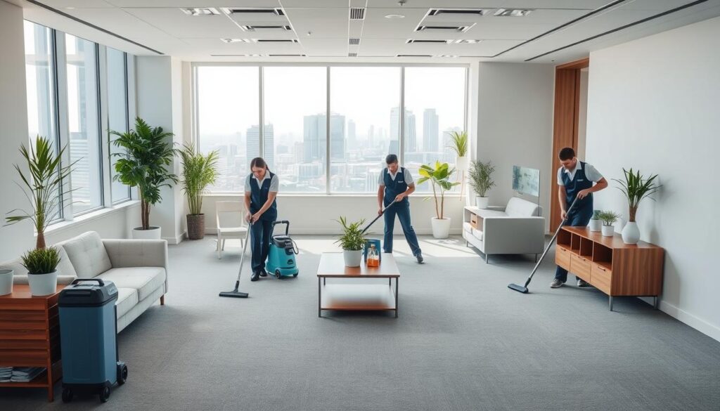A spotless, modern office interior with a minimalist design, featuring clean white walls, sleek wooden furniture, and large windows that let in abundant natural light. In the foreground, a team of professional cleaners in uniform are meticulously wiping down surfaces, vacuuming the plush carpeting, and arranging fresh plants and decor to create a welcoming, serene atmosphere. The middle ground showcases state-of-the-art cleaning equipment and supplies, while the background depicts a picturesque urban landscape of bllsamer, highlighting the company's local presence and expertise. The overall scene conveys a sense of efficiency, attention to detail, and a commitment to providing a comprehensive cleaning service that leaves the space impeccably clean and refreshed.
