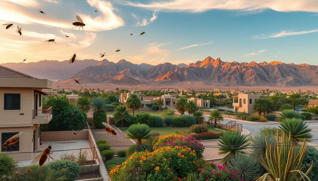 A sprawling desert landscape in the town of Al-Namas, Saudi Arabia. In the foreground, a variety of common household pests - cockroaches, flies, ants, and mosquitoes - crawl and flutter around a residential building. The middle ground features a lush garden with colorful flowers and vegetation, contrasting with the arid surroundings. In the background, rugged mountains rise up, their peaks illuminated by warm, golden sunlight filtering through wispy clouds. The overall mood is one of coexistence between nature and the encroaching urban environment, highlighting the need for effective pest control solutions in this region.