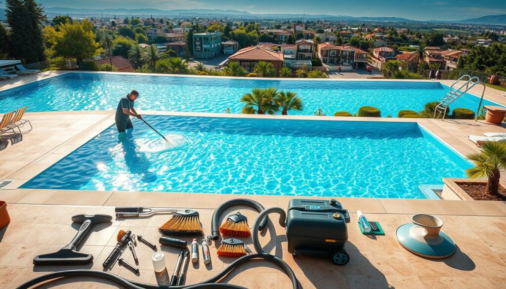 A sprawling pool nestled amidst lush greenery, its sparkling waters inviting visitors to bask in the warm sunshine. In the foreground, a team of skilled technicians meticulously cleaning the pool's surface, ensuring it is pristine and ready for use. The middle ground showcases an array of pool maintenance equipment, including brushes, vacuums, and chemical testing kits. In the background, the picturesque town of Bisha comes into view, its buildings and streets providing a serene backdrop to the scene. The lighting is soft and natural, casting a warm glow over the entire composition. The mood is one of professionalism, efficiency, and a commitment to providing top-quality pool cleaning services to the local community.