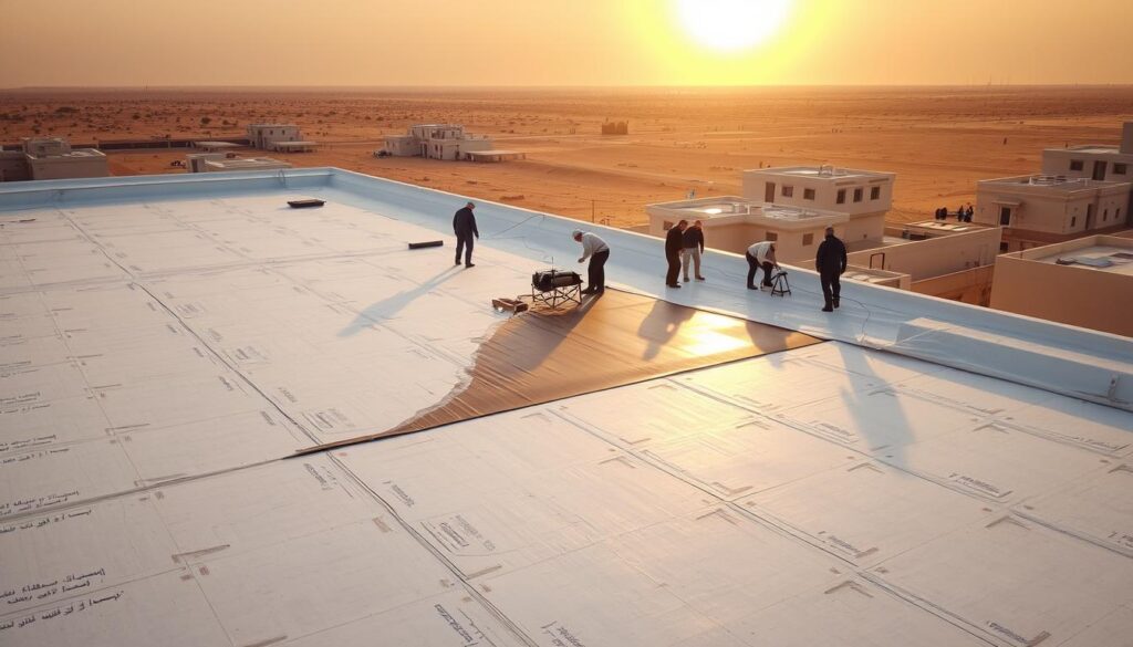 A sprawling rooftop in the arid landscape of Barq, Saudi Arabia. In the foreground, a team of skilled technicians expertly applying a waterproof membrane, sealing the surface against the harsh elements. The middle ground reveals the intricate process, with specialized tools and equipment used to ensure a seamless, durable finish. In the background, the sun casts a warm glow, illuminating the surrounding buildings and creating an atmosphere of diligence and professionalism. The scene conveys the expertise and attention to detail of the roofing company, their commitment to delivering high-quality services to the local community.